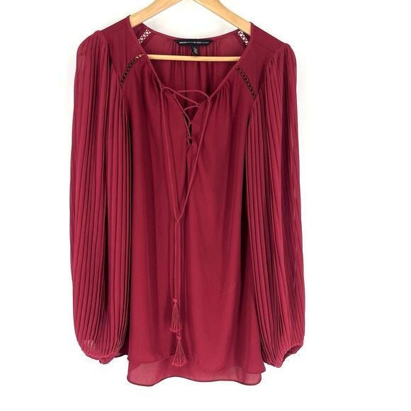 White House Black Market Top Size 6 Womens Red Semi Sheer Tassel Tie Lace Up - Picture 1 of 9